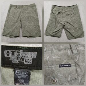 Huk Fishing Shorts Men's 34 Green Camo Performance Outdoor‎